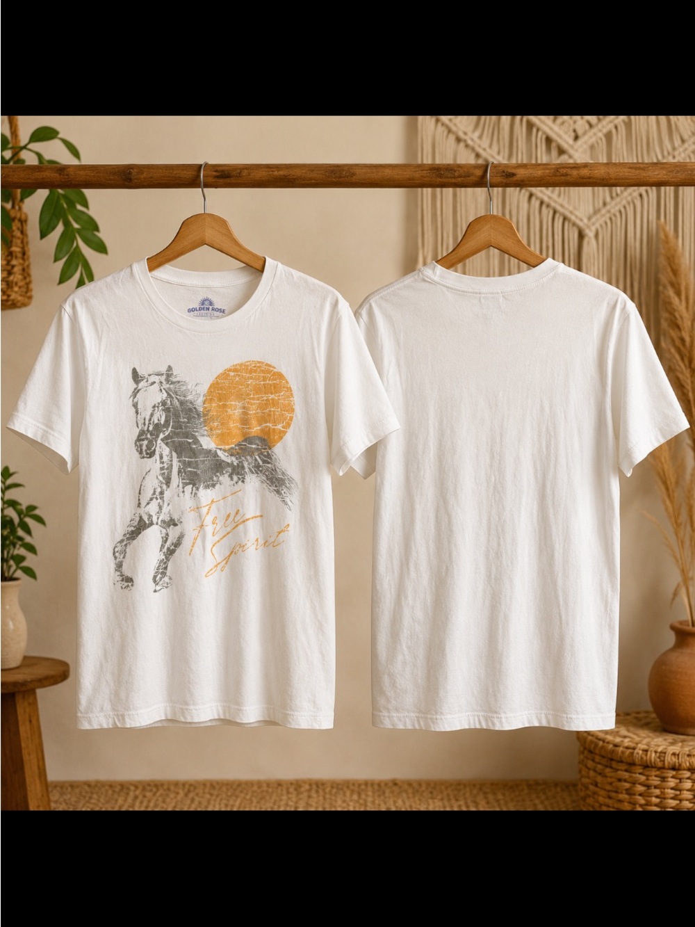 Golden Rose Free Spirit Women's White Graphic Tee with Horse and Sun